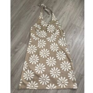 Real Comfort Tan White Daisy Floral Halter Mini Dress Cotton Size 16 439435
